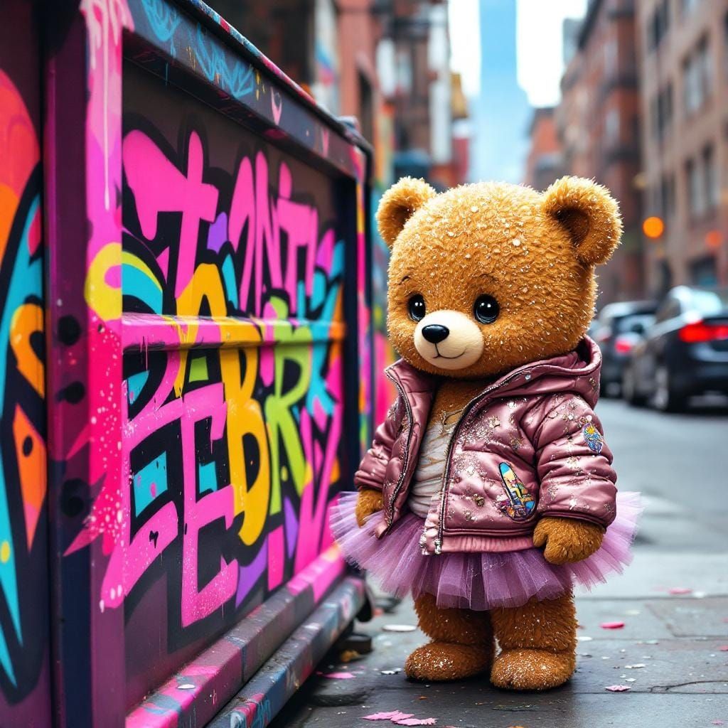 Glittering Bear Cub in Pop Surrealist Graffiti Scene