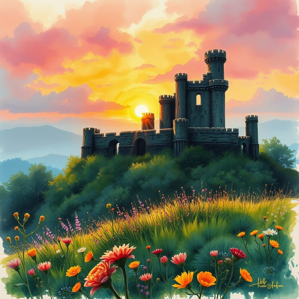 Castle Ruins Sunrise: Charcoal and Watercolor Spring Scene