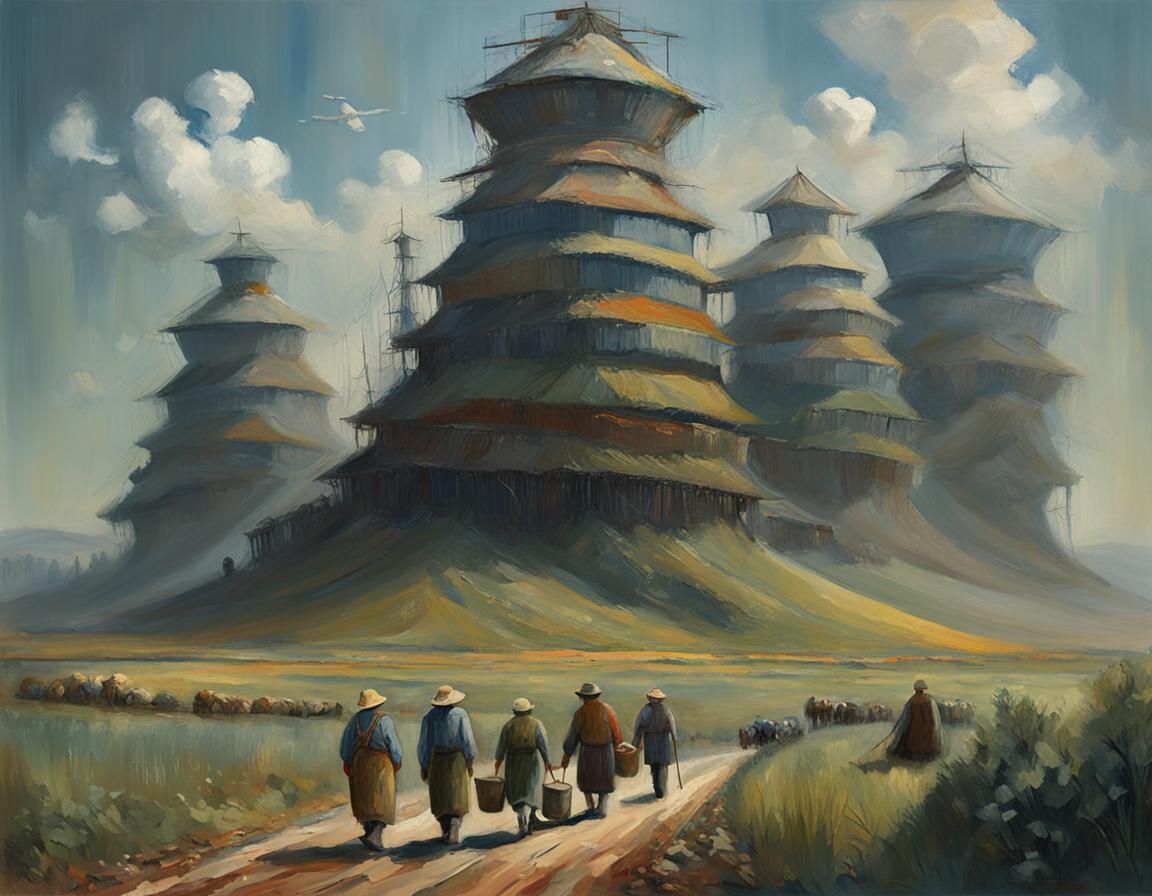 Impasto Landscape with Farmers in Art Style