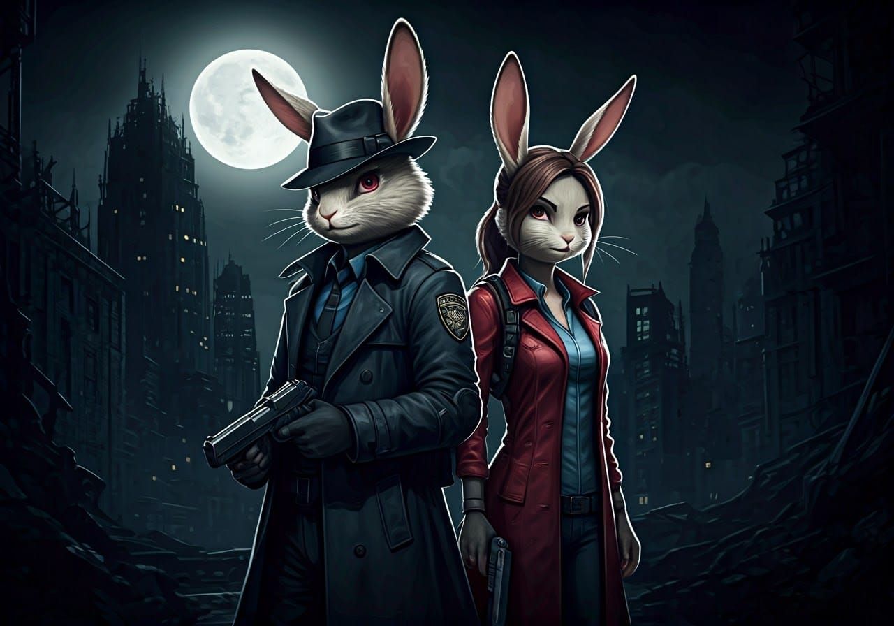 Gritty Anthropomorphic Rabbits in Sci-Fi Cityscape