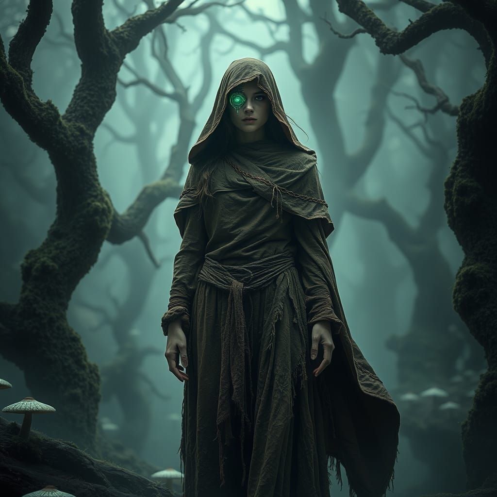 Biopunk Shaman in Misty Forest