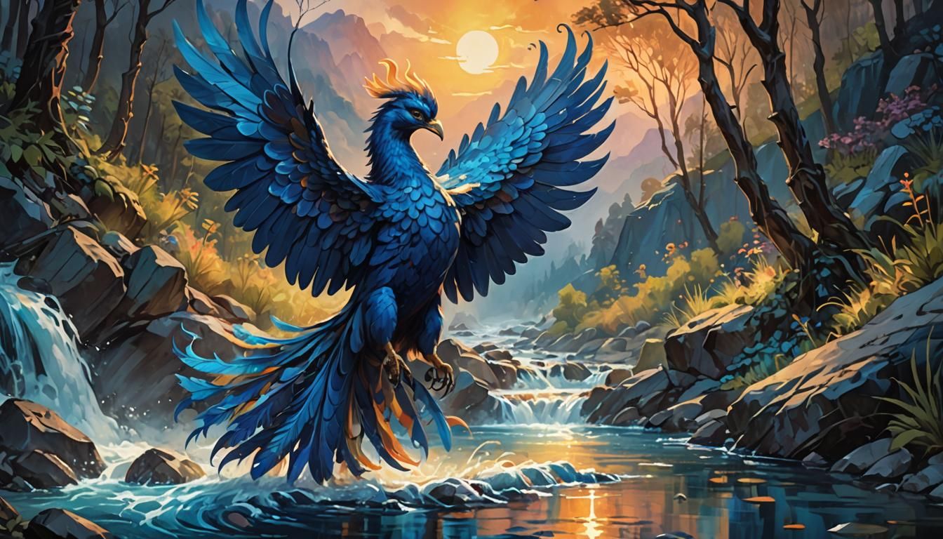 Blue Phoenix Rising: Vibrant Oil Painting Concept Art