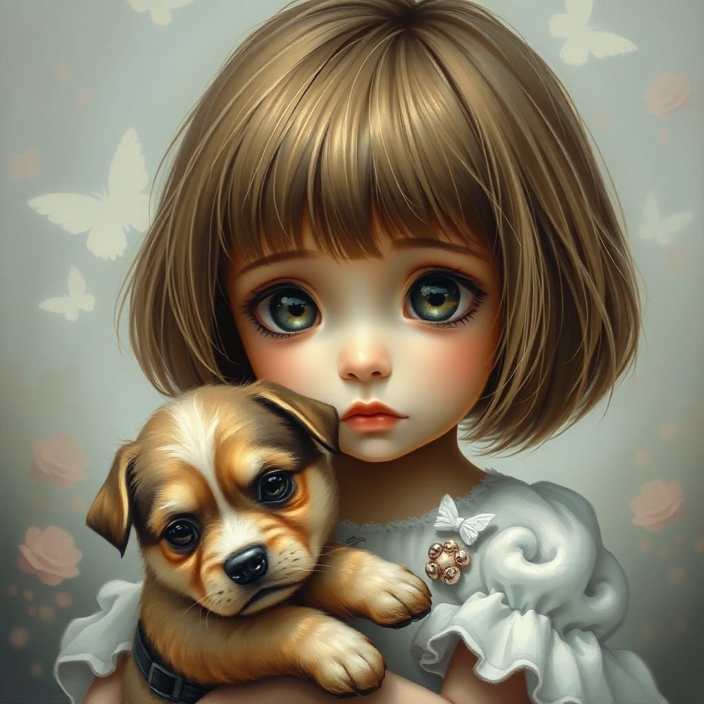 Sad Girl with Puppy: Ethereal Fantasy Painting
