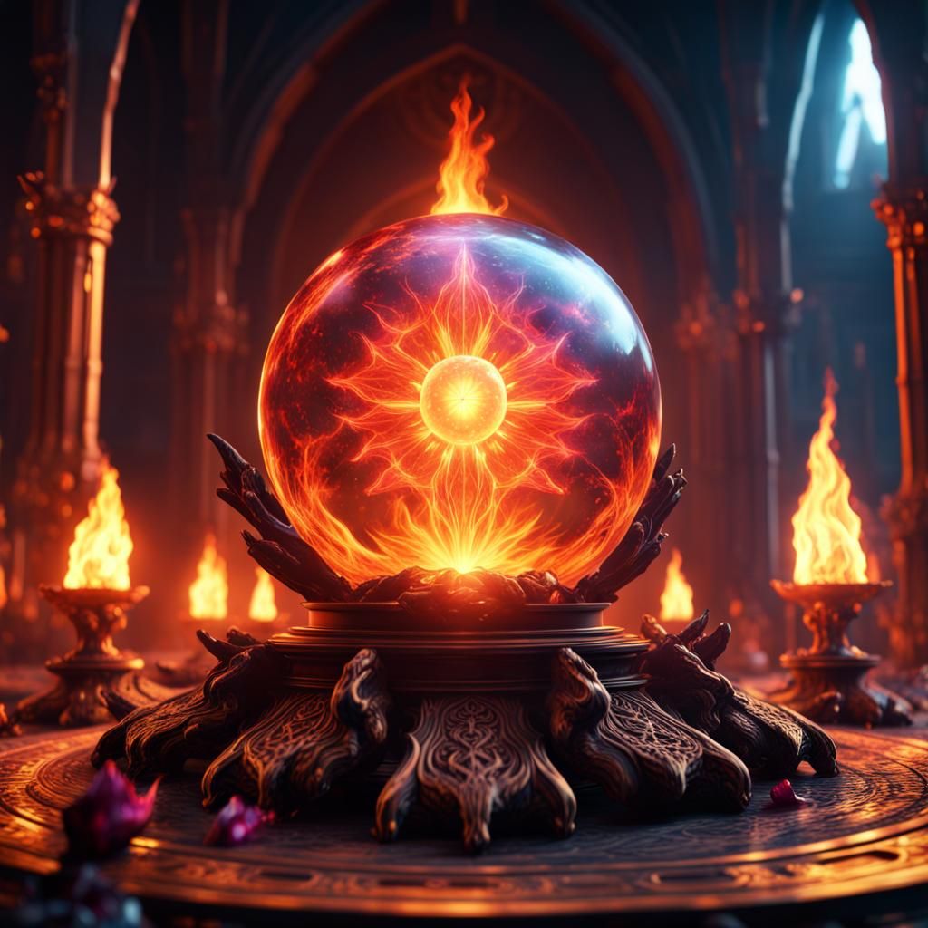 Dark Altar with Fiery Crystal Ball, Fantasy Concept Art