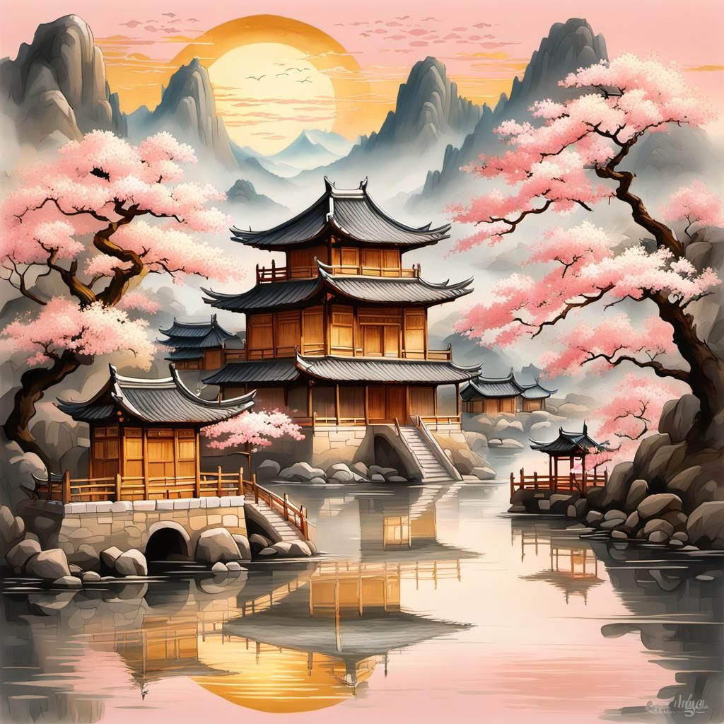 Ancient Chinese village depicted on gold silk screen,