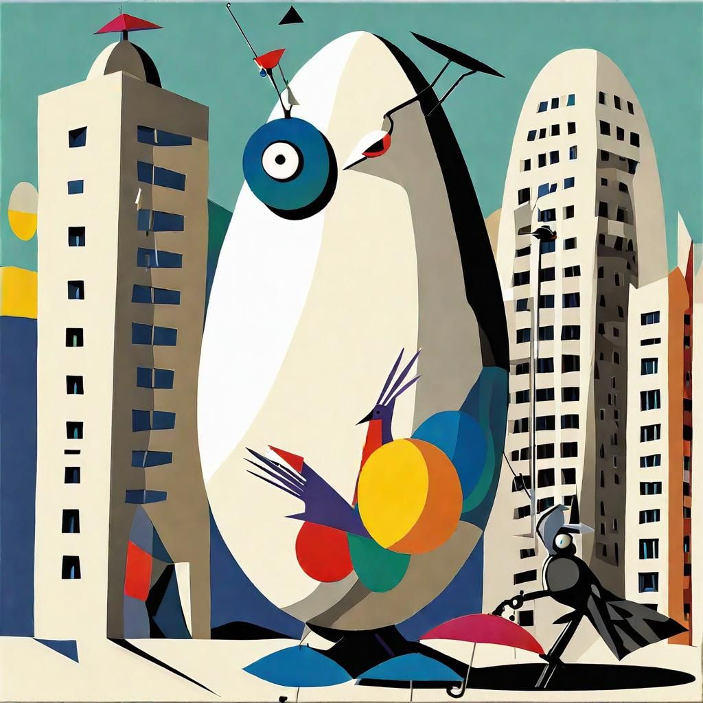 Abstract Robot with Bird in Surreal Cityscape