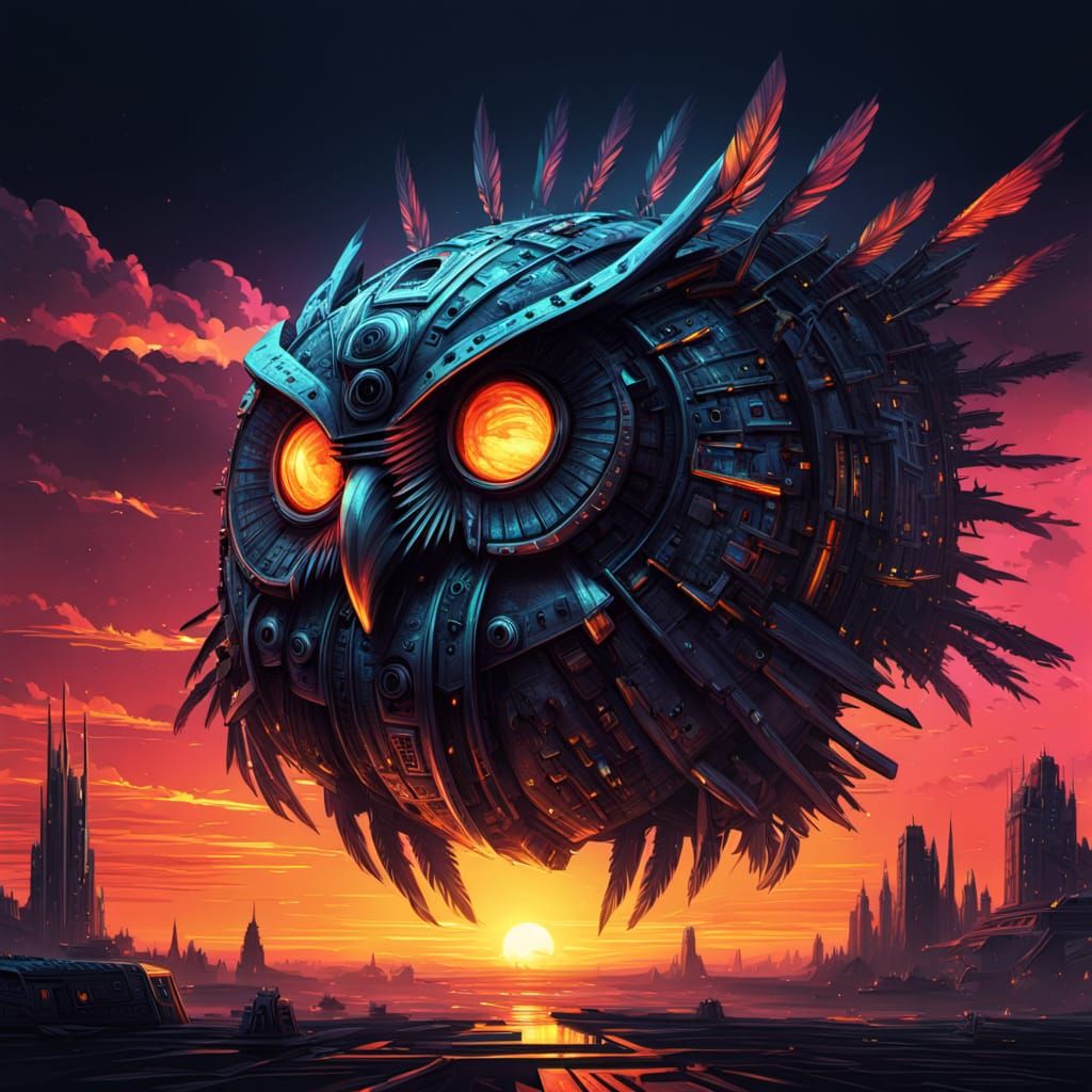 Mechanical Owl Over Futuristic City at Binary Sunset