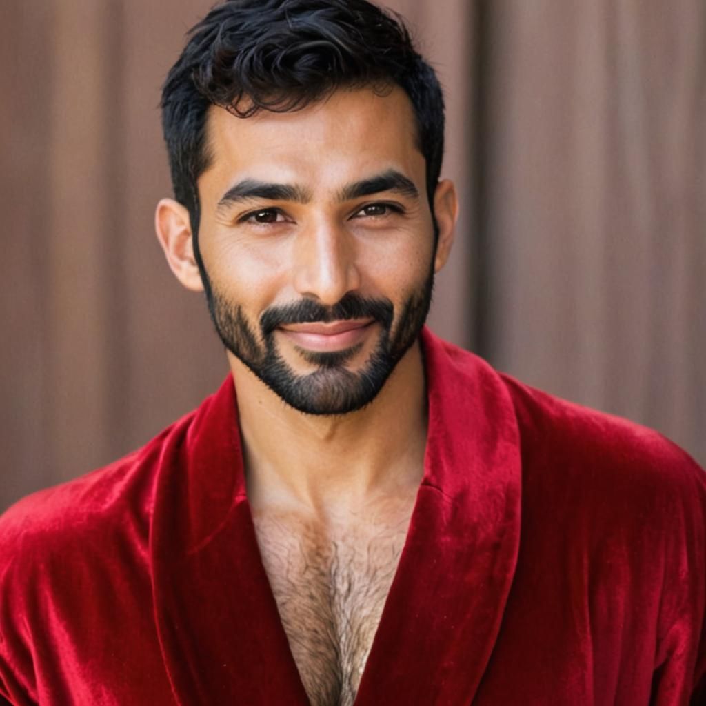 Smiling Man in Red Velvet Robe, Expressionist Oil Painting