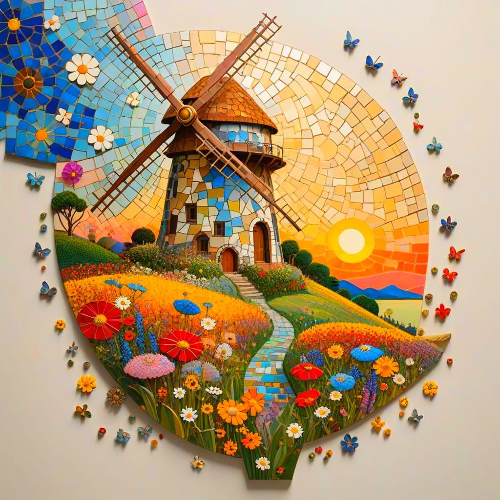 Wildflower Sunset Landscape with Mosaic Background