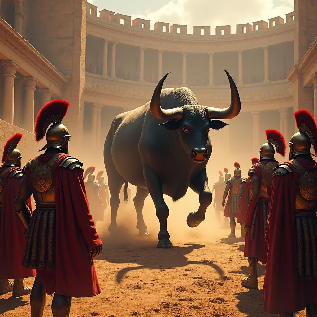 Roman Legionnaires Confronting Giant Bull in Arena