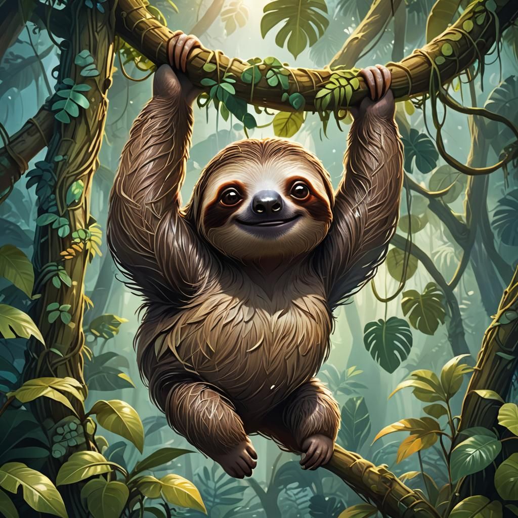Cute Sloth in Tropical Forest: Digital Painting