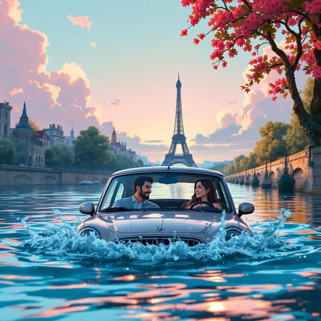 Car Submerged in Seine River, Pixar-style CGI