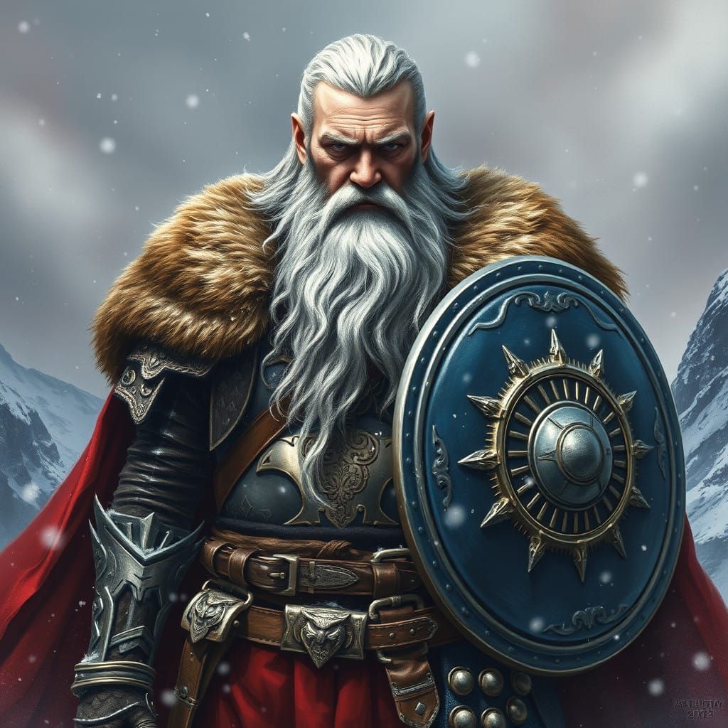 Medieval Warrior in Dramatic Pose, Rendered in Watercolor Wa...