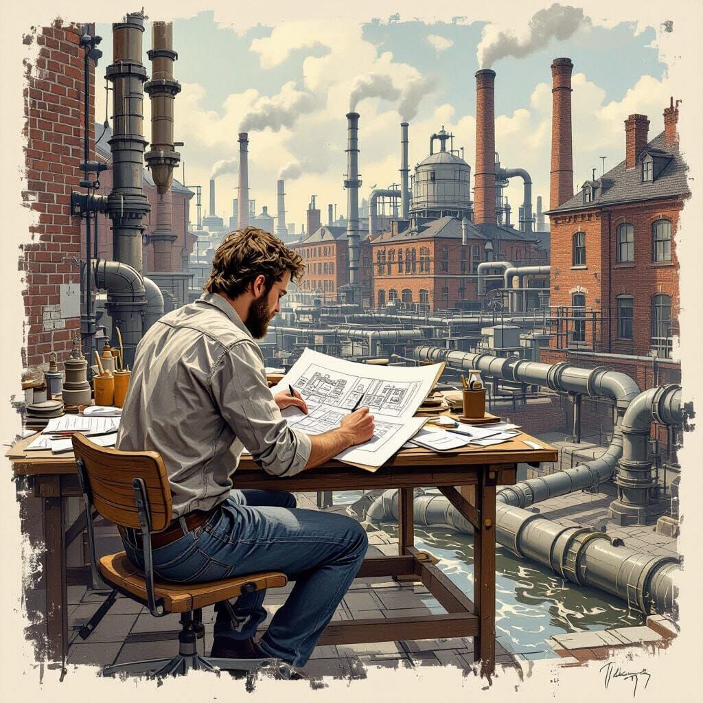 Designer's Detailed Sewage System Design in Retro-Futuristic...