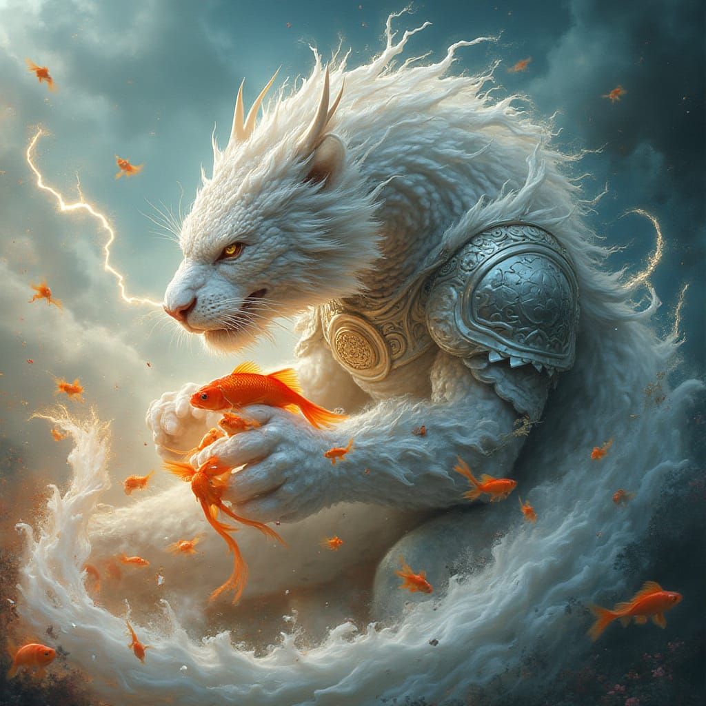 White Tiger Dragon Protecting Goldfish in Mythical Style