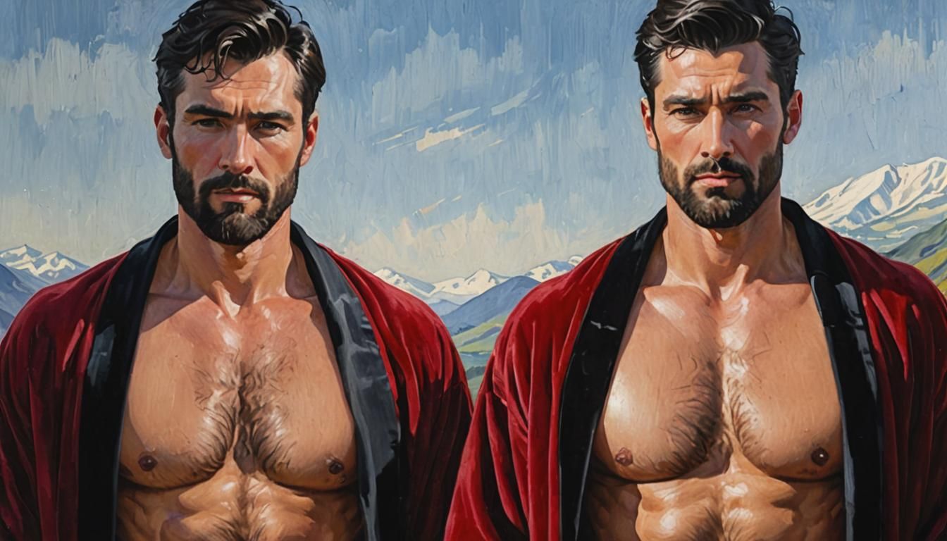 Handsome Men in Red Velvet Robes, Neo-Impressionist Oil Pain...