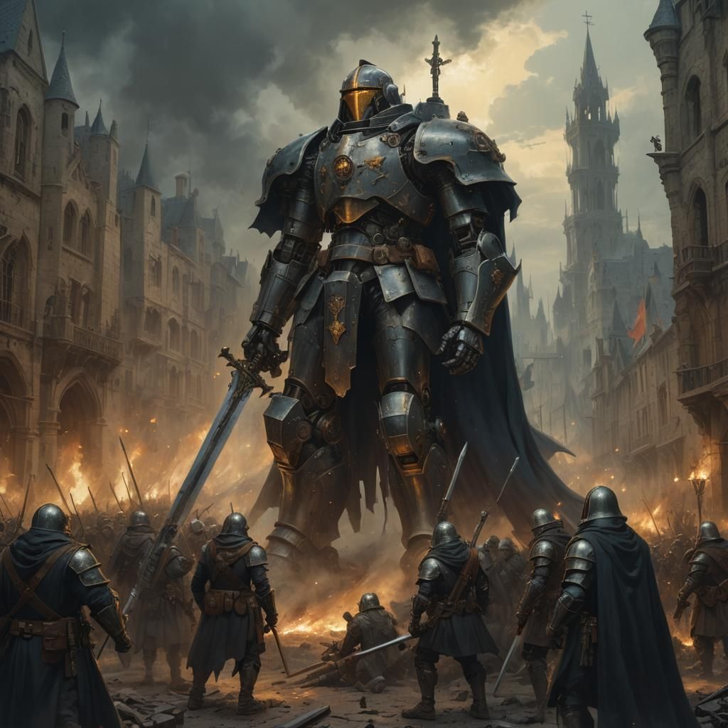 Giant steampunk mecha crusader wearing a dark cape carrying a huge sword wearing a helmet in a medieval city surrounded ...