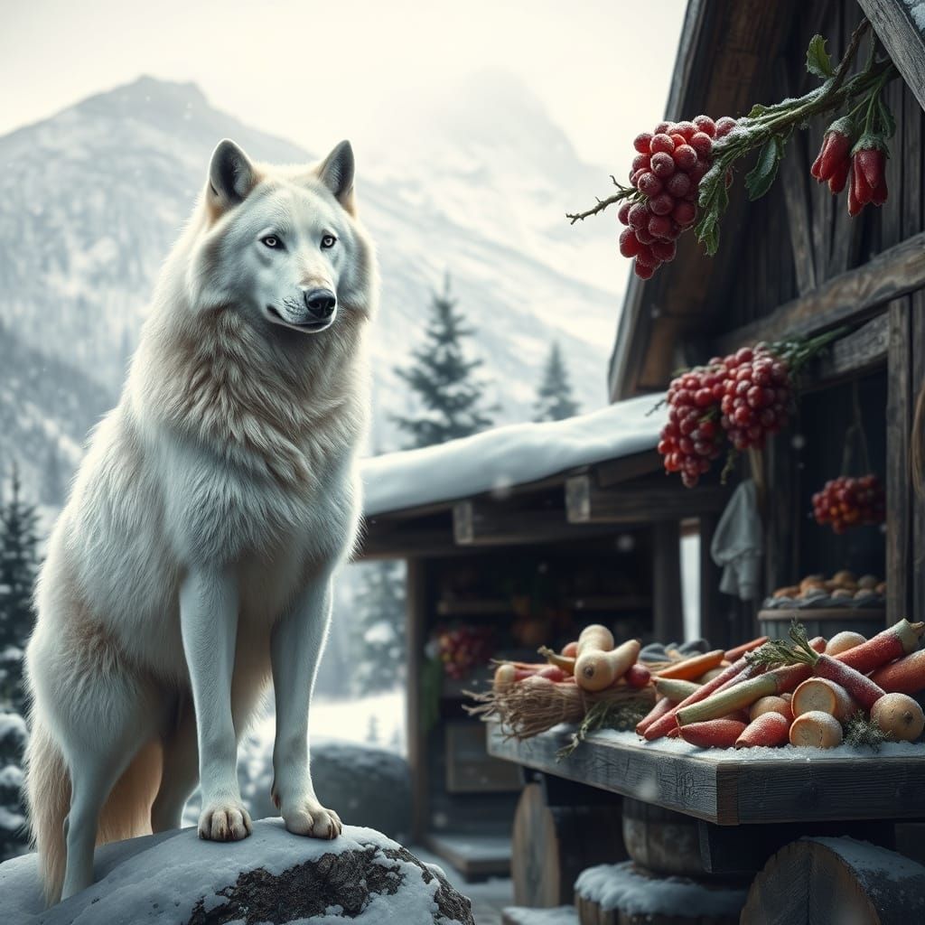 Snow Wolf Guarding Mountain Farmstand