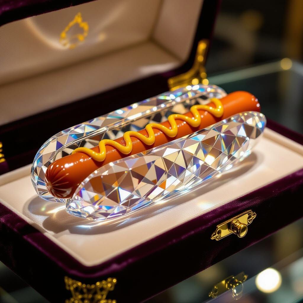 Crystal Hotdog in Display Case, Decorative Art Style