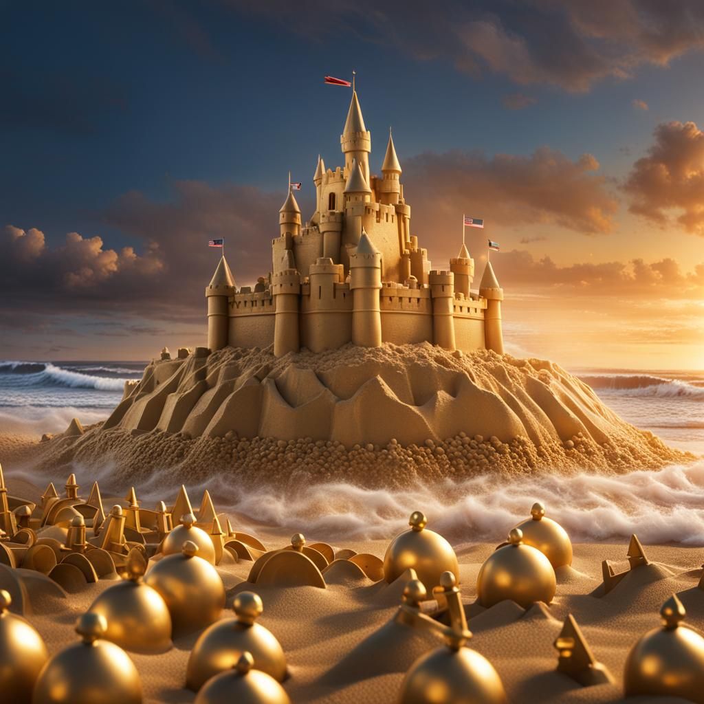 Hyperrealistic Sandcastle Siege at Twilight