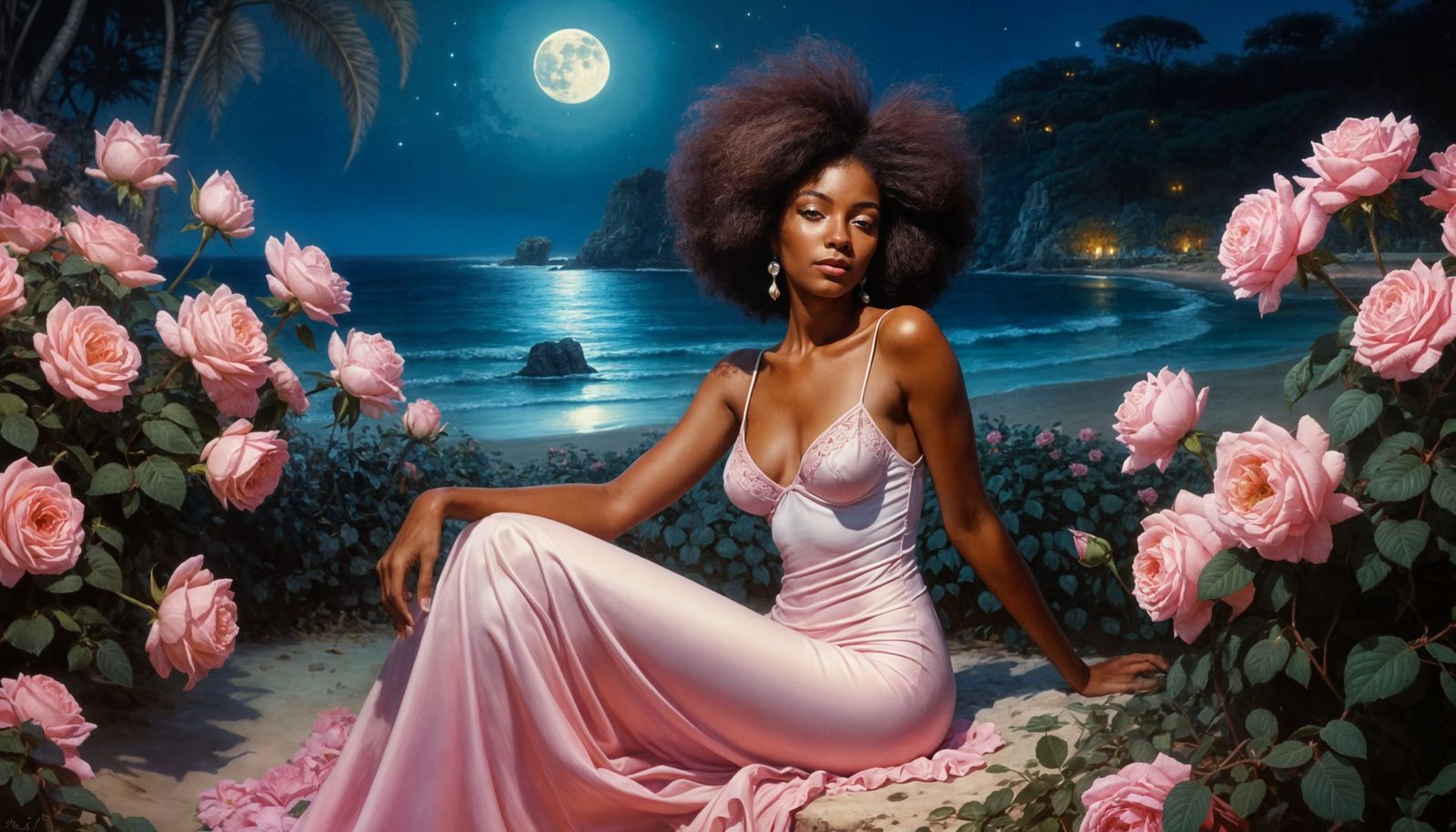 Afro Woman in Rose Garden: Hyperrealistic Oil Pastel