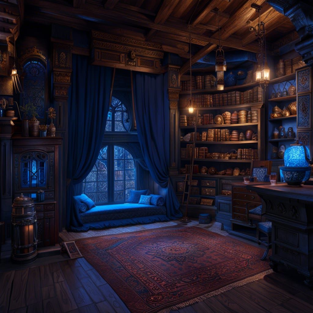 Enchanted Blue Textile Shop in Dark Fantasy Style