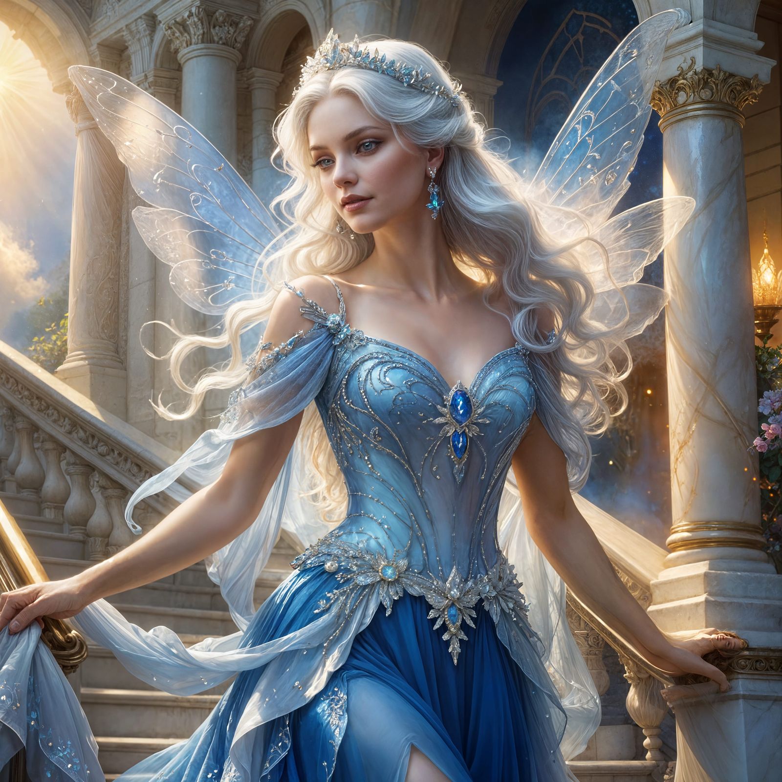 Fairy Queen Descends Marble Staircase in Ethereal Fantasy Ar...