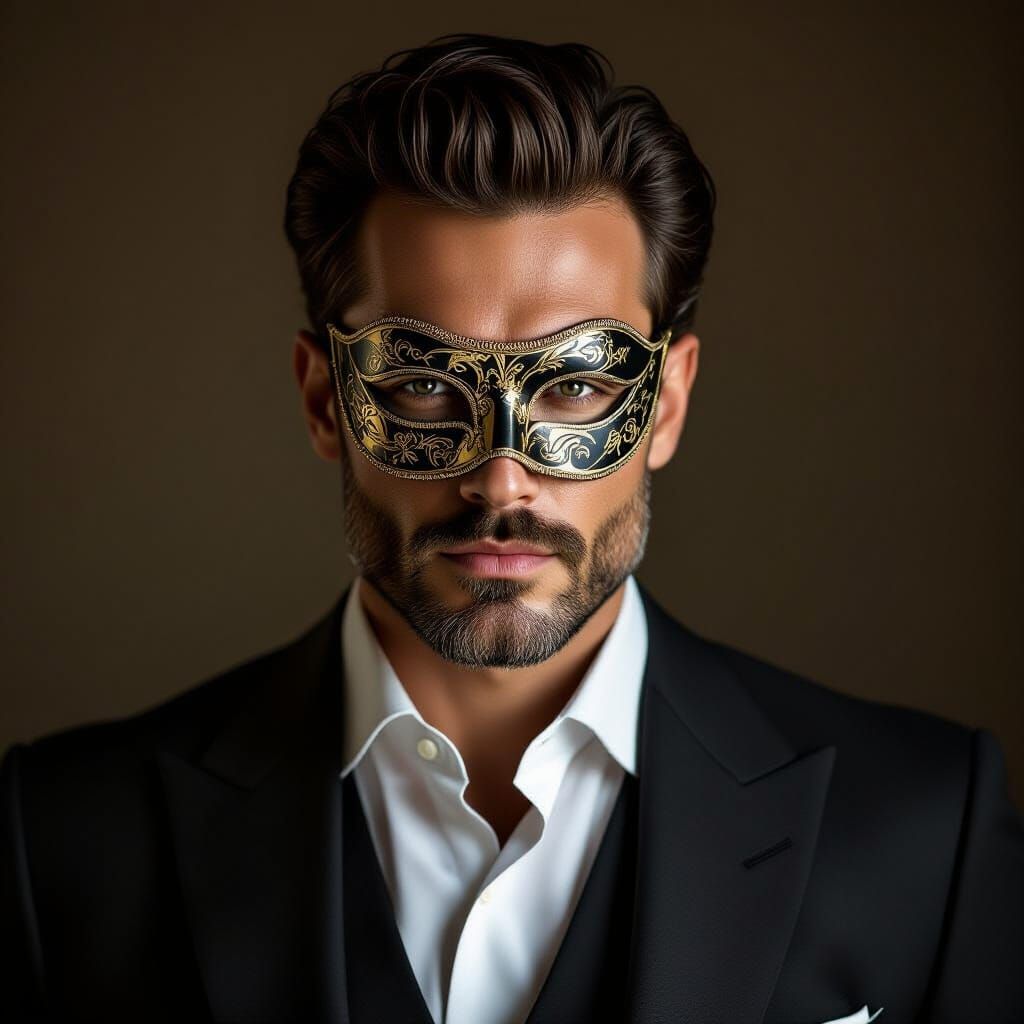 Wealthy Man Portrait with Stylish Mask in Chiaroscuro