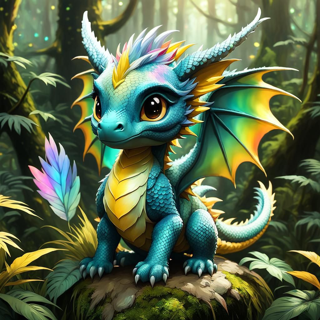 Pastel Forest: Baby Dragon with Rainbow Wings