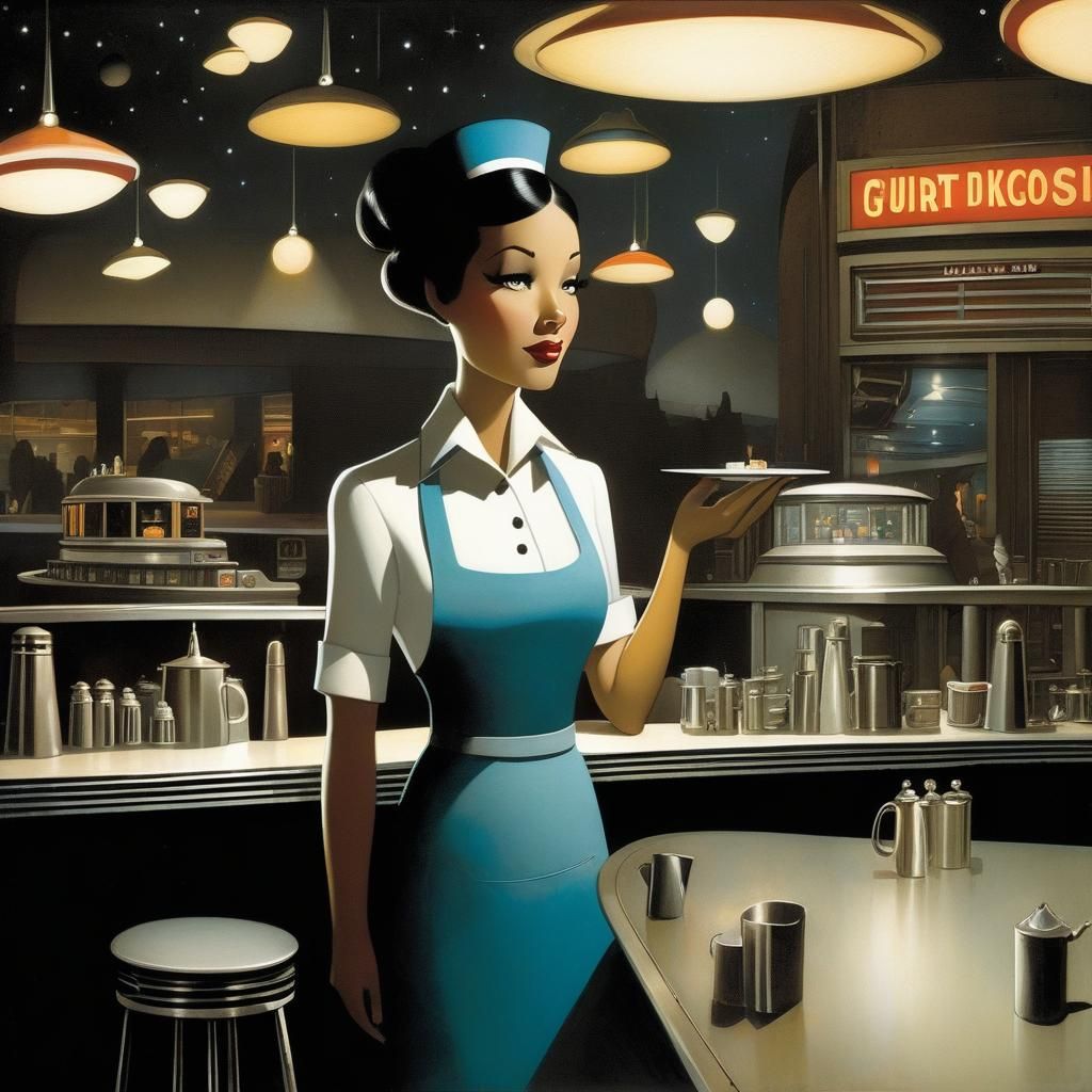 Galactic Diner Waitress in Comic Noir Style