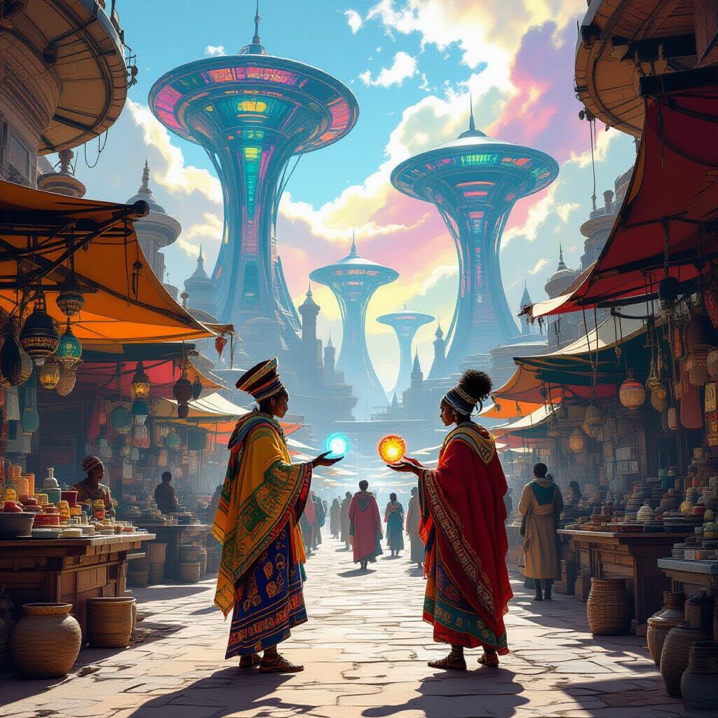 Traveler in Alien Market with Organic Architecture