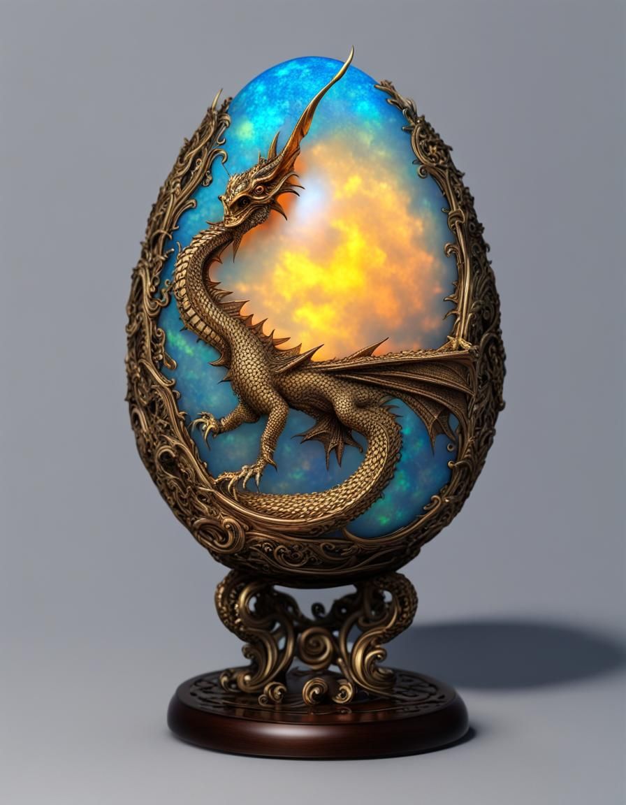 Blue Fire Opal Dragon Egg with Gold Filigree