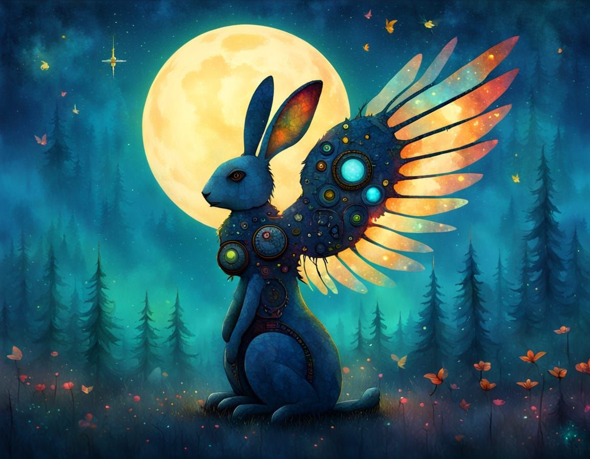 Cosmic Hare Prophet with Mechanical Wings