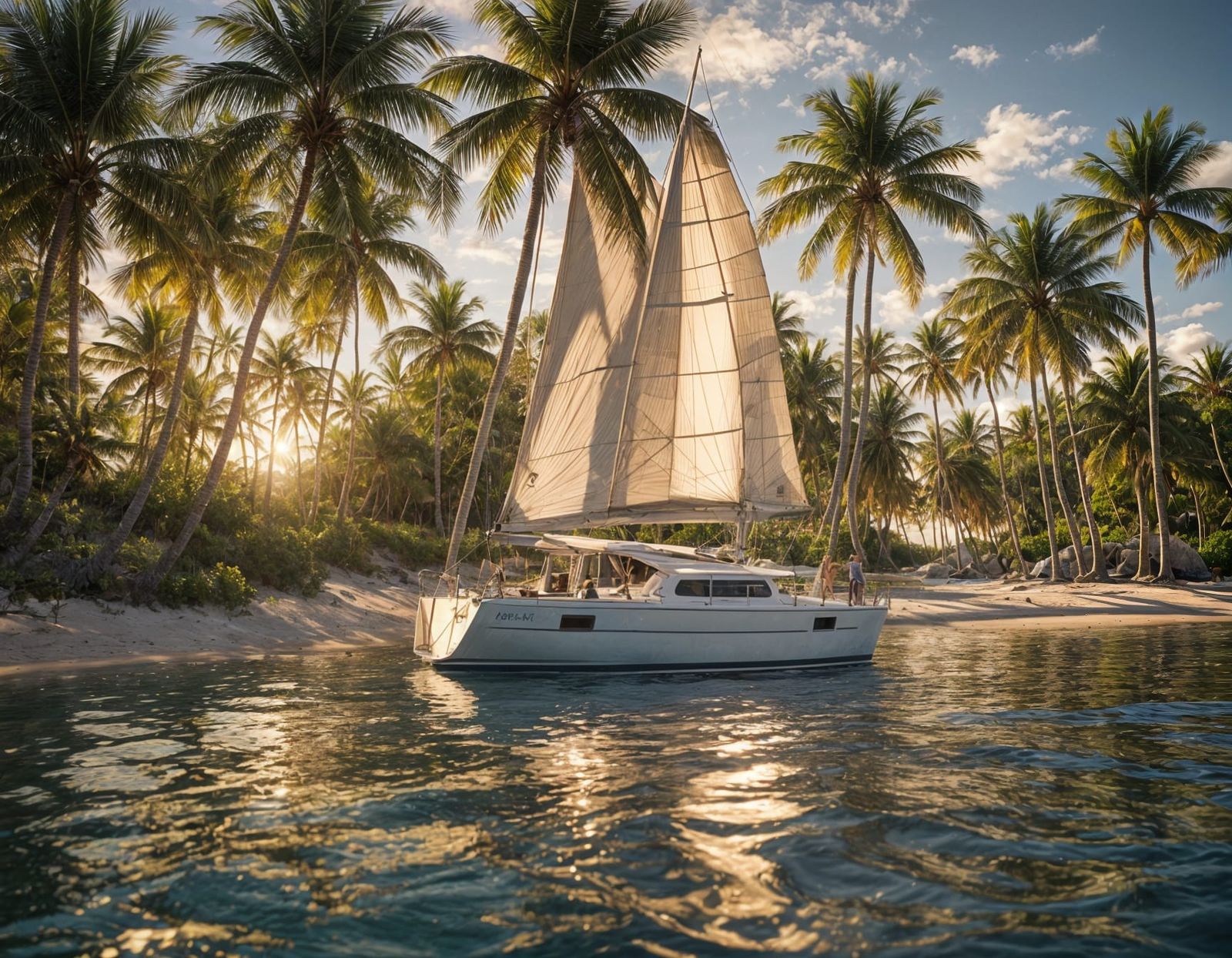 Sailboat at Sunset Near Tropical Island
