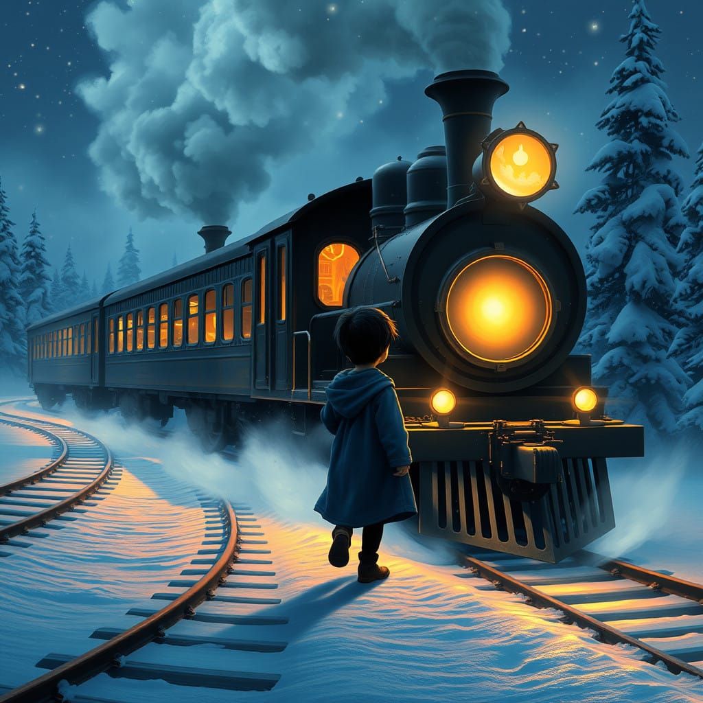 Ethereal Polar Express Train Under Starry Night Sky