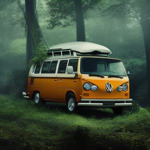 Orange Volkswagen Camper Van on Forest Road