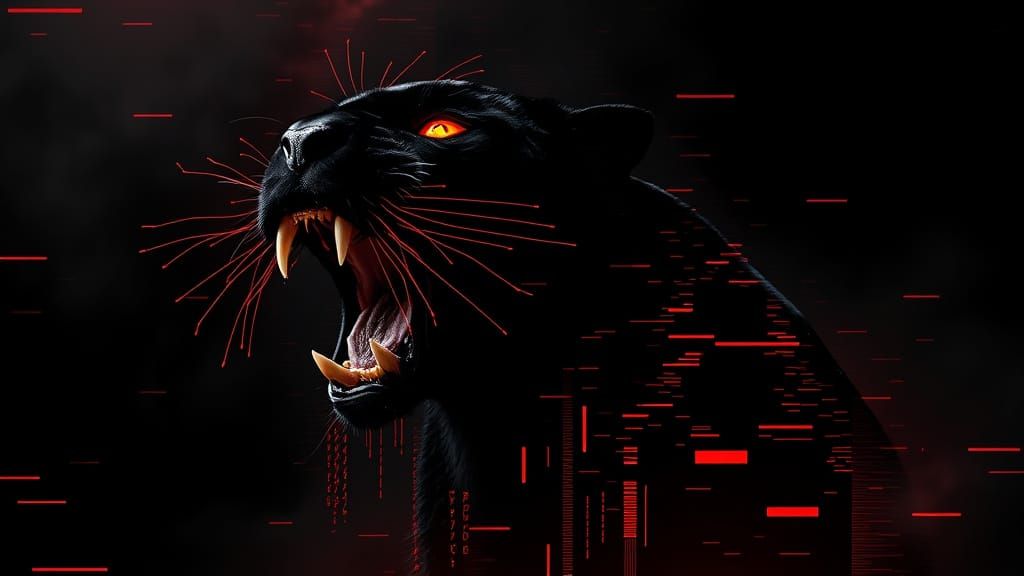 Glitch Art Black Panther with Glowing Red Eyes