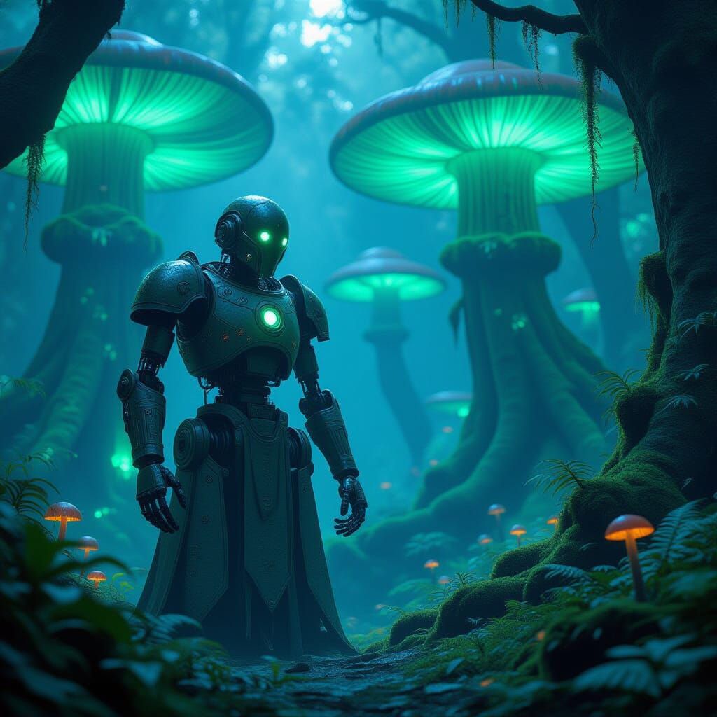 Ancient Automaton Guarding Bioluminescent Forest