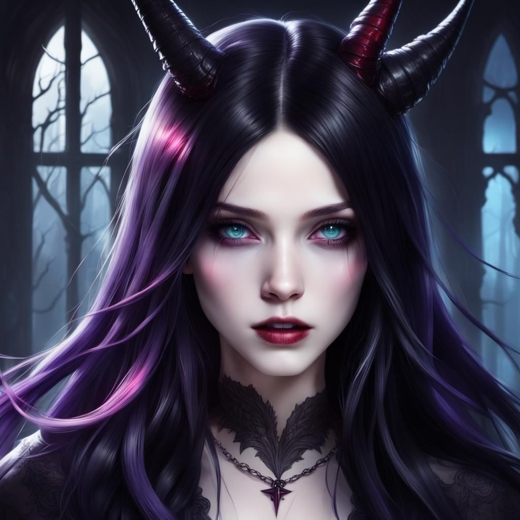 Gothic Vampire Witch with Ebony Hair and Blue Eyes