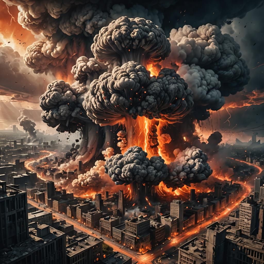 Apocalyptic Aerial View: Mushroom Clouds Erupt Worldwide