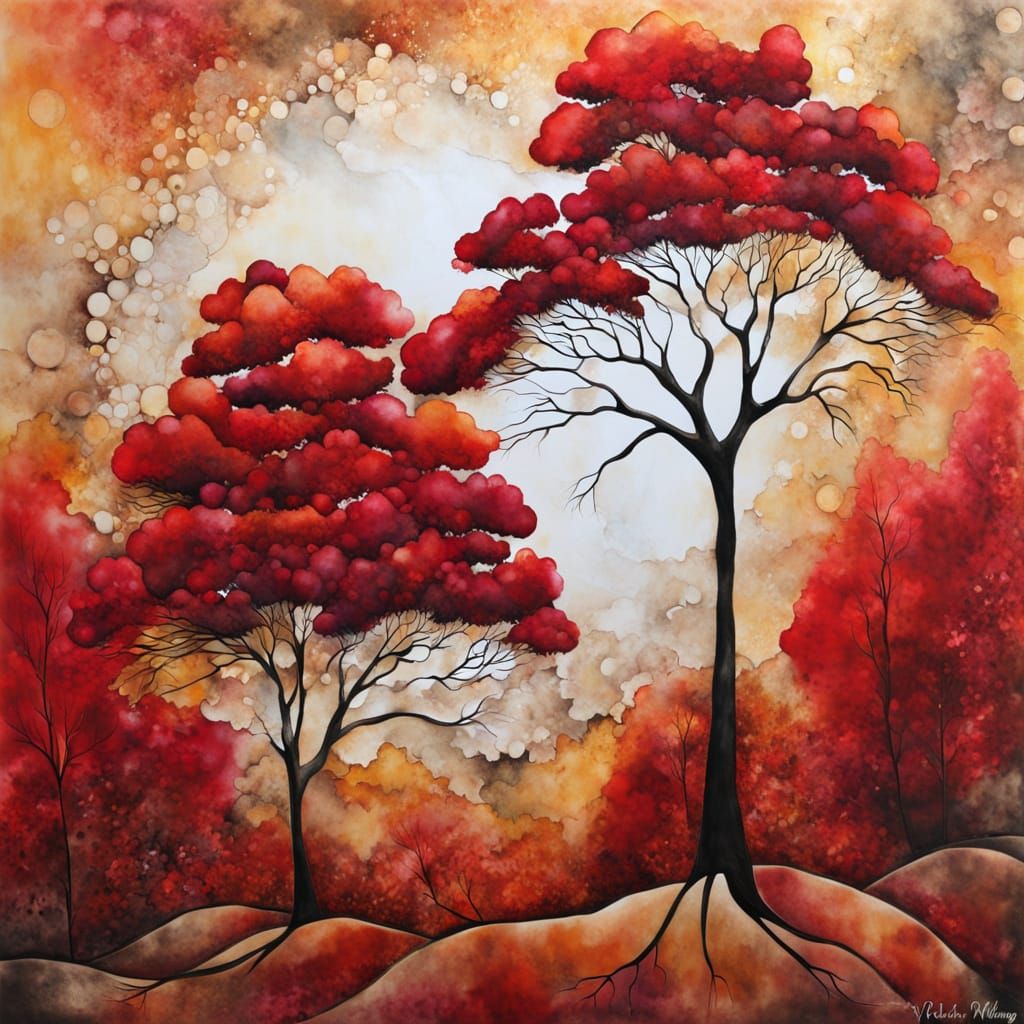 Lone Red Tree in Autumnal Alcohol Ink Style