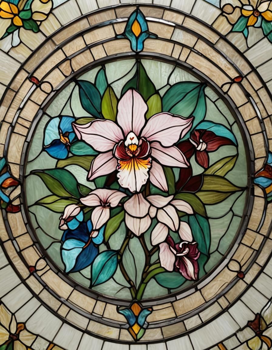 Vibrant Orchid in Traditional Stained Glass Art