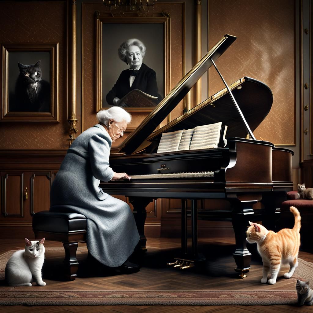 Elegant Woman Plays Piano Surrounded by Cats