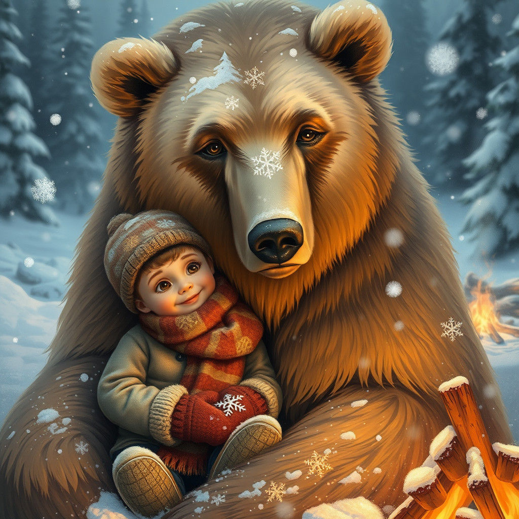 Boy and Grizzly Bear in Snowy Forest