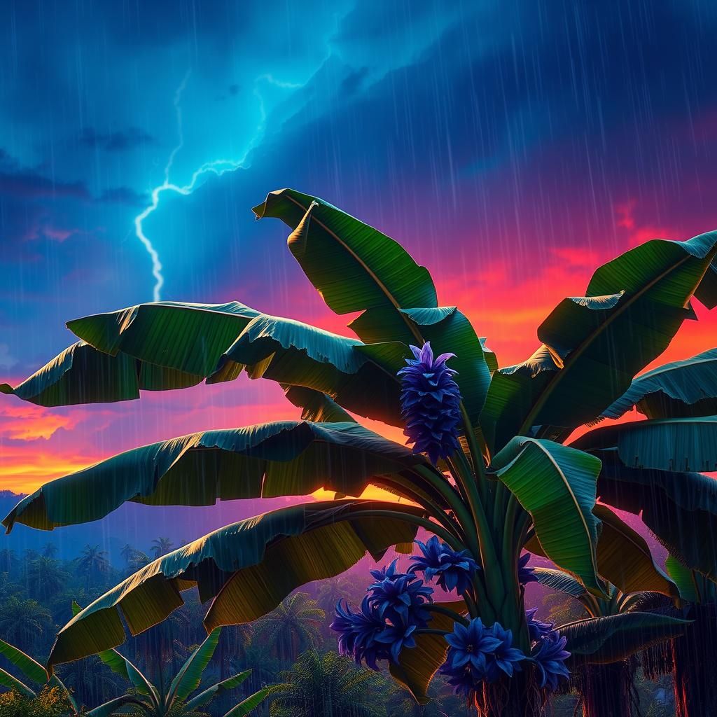 Rainy Sunset with Banana Tree, Digital Matte Painting
