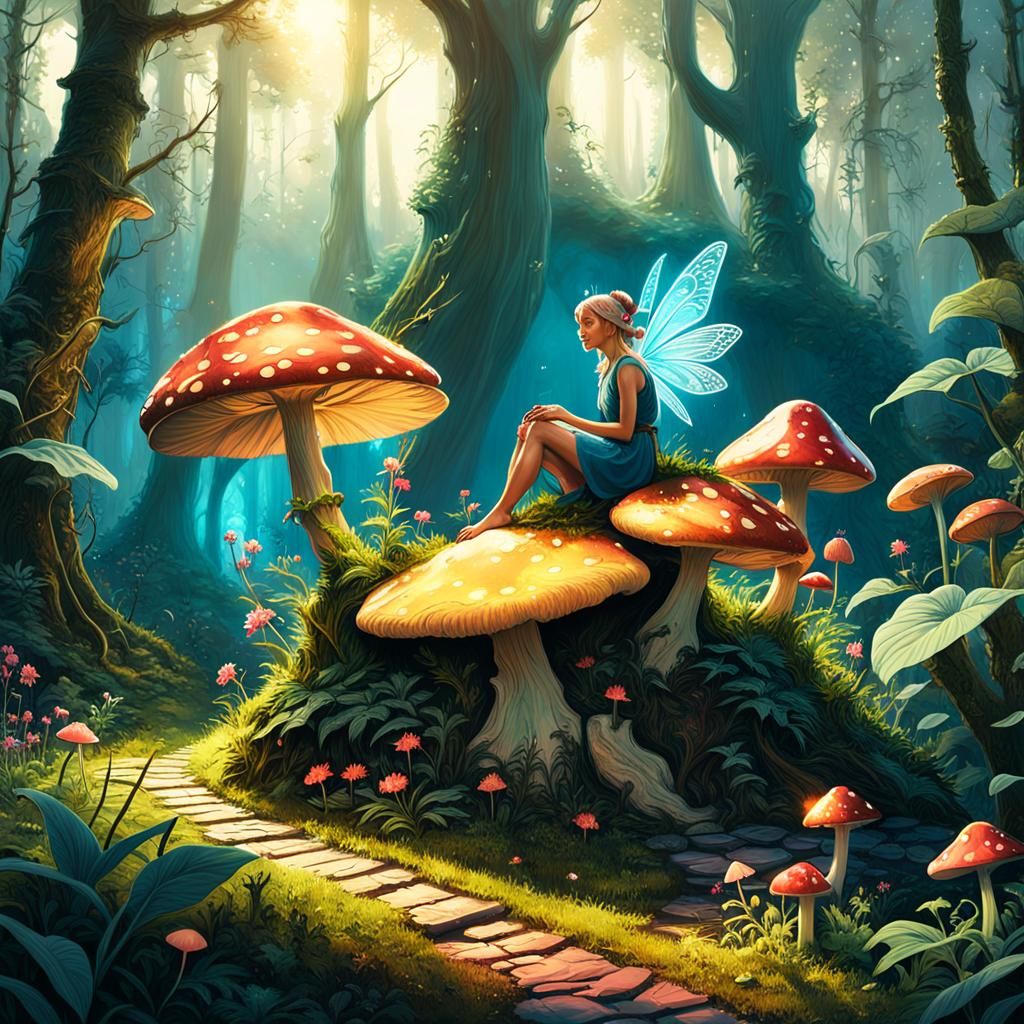 Glowing Fairy in Mystical Forest Landscape
