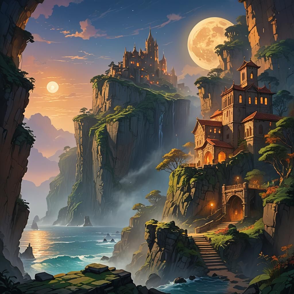 Mystical Figure Skirting Ravines in Moonlight