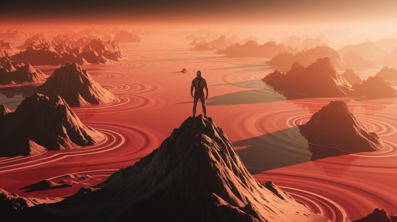 Explorer on Alien Planet with Red Seas