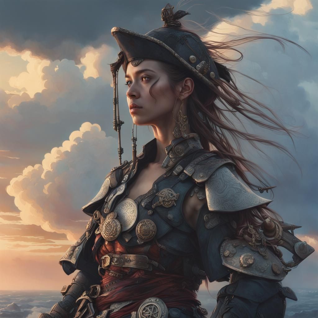 Cyborg Pirate Samurai Girl in Dramatic Lighting