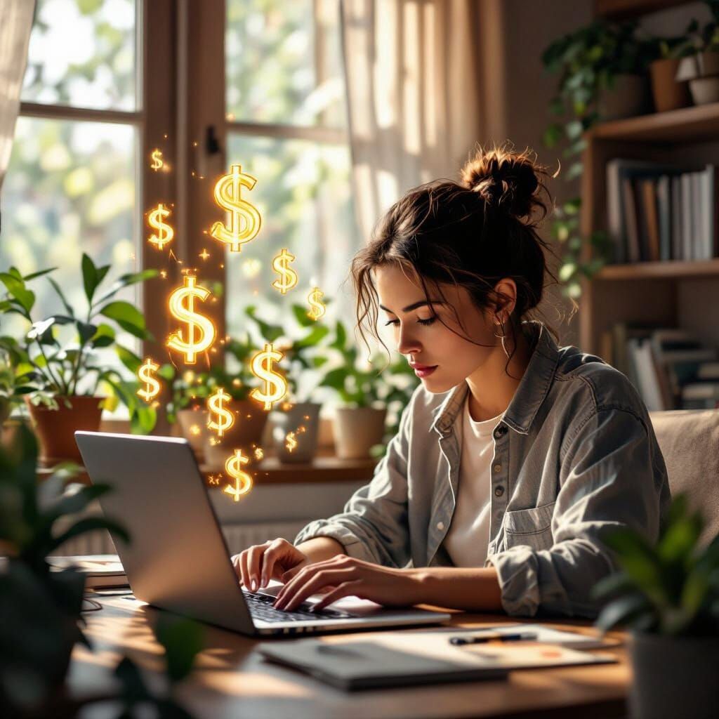 Focused Home Office Work With Floating Dollar Signs